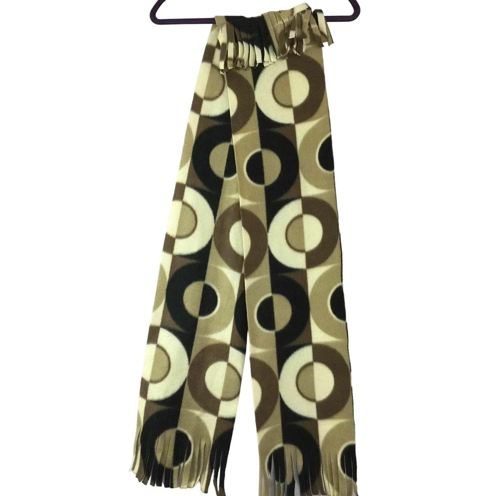 Circles Geometric Design Olive Black Fringed Fleece Winter Scarf
